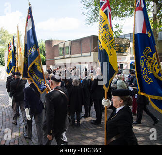 Portsmouth, UK. 15th Aug, 2015. Standard bearers parade to the memorial during the VJ Day 70th anniversary at the Cenotaph in Portsmouth. Credit:  MeonStock/Alamy Live News Stock Photo