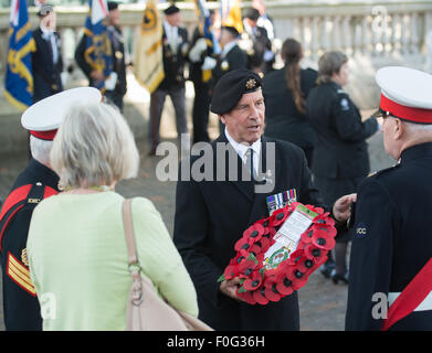 Portsmouth, UK. 15th Aug, 2015. Veterans discuss the wreath laying ahead of the VJ Day 70th anniversary memorial at the Cenotaph in Portsmouth. Credit:  MeonStock/Alamy Live News Stock Photo