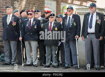 Portsmouth, UK. 15th Aug, 2015. A group of veterans watch on together during proceedings at the VJ 70 memorial in Portsmouth. Credit:  MeonStock/Alamy Live News Stock Photo