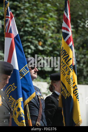 Portsmouth, UK. 15th Aug, 2015. A standard bearer is bathed in sunlight during the VJ Day 70 memorial in Portsmouth. Credit:  MeonStock/Alamy Live News Stock Photo