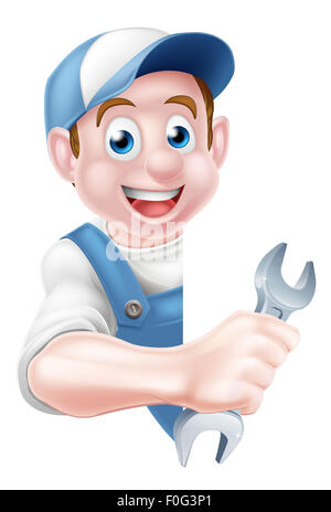 Happy cartoon plumber or auto repair mechanic service handyman worker man holding a spanner