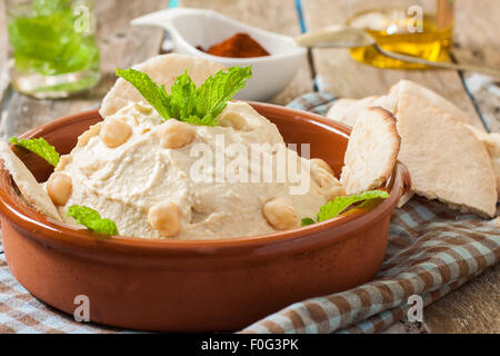 Fresh lebanese hummus for dip with pita bread Stock Photo