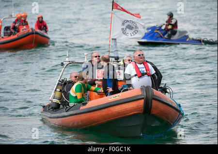 Worthing, UK. 15th Aug, 2015. The Safety Boat.  The Worthing International Birdman Festival 2015 Credit:  Stephen Bartholomew/Alamy Live News Stock Photo