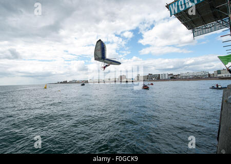 Worthing, UK. 15th Aug, 2015. Kevin Smith [Condor Class]. The Worthing International Birdman Festival 2015 Credit:  Stephen Bartholomew/Alamy Live News Stock Photo