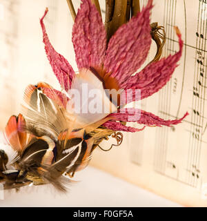 closeup of pheasant feathers and leaf wreath against vintage music paper Stock Photo