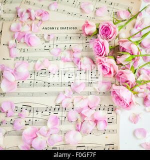 pink roses on vintage music paper Stock Photo