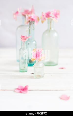 pink hydrangea flower heads in miniature vintage glass bottles