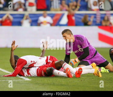 Harrison, NJ, USA. 15th Aug, 2015. New York Red Bulls forward Bradley Wright-Phillips (99) celebrates the only goal of the first half during the MLS game between the New York Red Bulls and Toronto FC at Red Bull Arena in Harrison, NJ. Mike Langish/Cal Sport Media. © csm/Alamy Live News Stock Photo