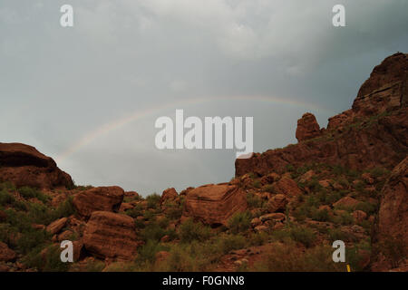 Double Rainbow over Praying Monk in Camelback Mountain Stock Photo