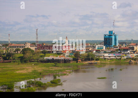 Iquitos from the air on the River Amazon, landmark buildings, 'The Boulevard and floodplain of the Amazon in the foreground. Stock Photo