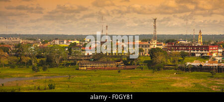 Iquitos from the air on the River Amazon, Peru showing 'Boulevard' and famous landmarks Stock Photo