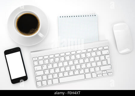 Top view with copy space, office desk table with computer and coffee cup, smartphone Stock Photo