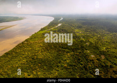 Amazon River aerial, with settlements and secondary rainforest, near Iquitos, Peru