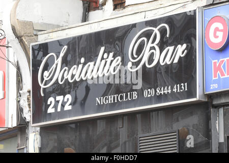 London, UK. 16th August, 2015. The frontage of the Socialite Bar on Muswell Hill broadway, the scene of an attack in the early hours of the morning which left one woman in hospital from a stab wound. Credit:  Finn Nocher/Alamy Live News Stock Photo