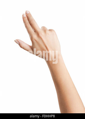 Woman hand wipes with two fingers, background white, isolated Stock Photo