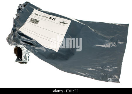 Opened plastic Royal Mail 48 postage bag Stock Photo