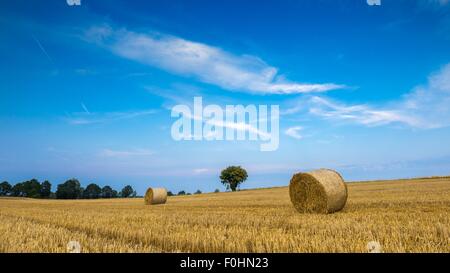 Stubble field with straw bales. Beautiful summertime rural landscape photographed in Poland. Stock Photo