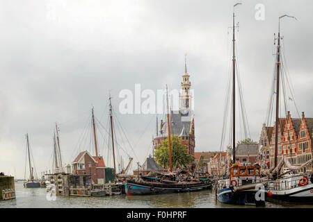 City of Hoorn (Horn) on IJsselmeer, in North Holland, The Netherlands, with view on the Main Tower (Hoofdtoren), built in 1532. Stock Photo