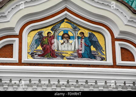 Exterior icon mosaic on the Russian Orthodox Alexander Nevsky Cathedral crowning the hill of Toompea in Tallin, Estonia Stock Photo