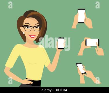 Woman showing something displayed on smartphone Stock Vector