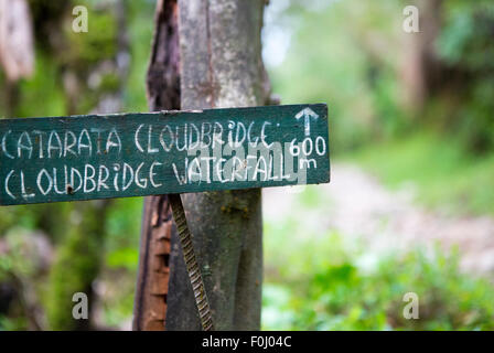 Cloud bridge waterfall sign on a metal post in the forest close by the Parque National La Amistad in Costa Rica Stock Photo