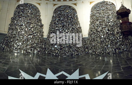 Subodh Gupta's art installation made of aluminum utensils cuisine during the Lille Art Fair Fantastique 2012. Stock Photo