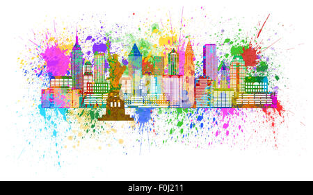 New York City Panorama Skyline Paint Splatter Isolated on White Background Color Illustration Stock Photo