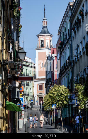 Madrid Spain,Hispanic Centro,Lavapias,Calle de la Fe,Parroquia de San Lorenzo,religion,Catholic church,bell tower,city skyline,narrow street,Spain1506 Stock Photo