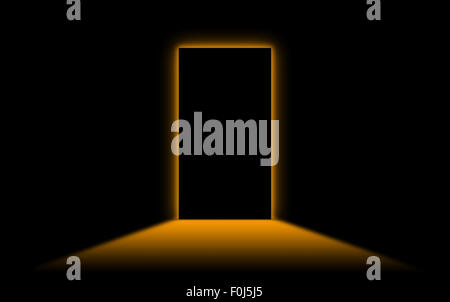 Black door with bright neonlight at the other side - Orange Stock Photo