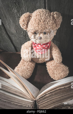 Teddy bear with glasses reading a book Stock Photo - Alamy
