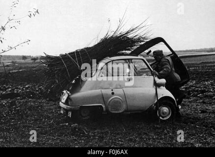 transport / transportation, car, vehicle variants, BMW Isetta, loaded with brushwood, 1950s, Additional-Rights-Clearences-Not Available Stock Photo