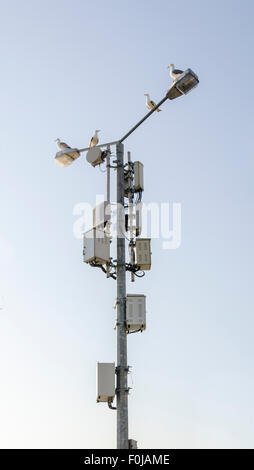 A cell phone tower against clear blue sky. Stock Photo