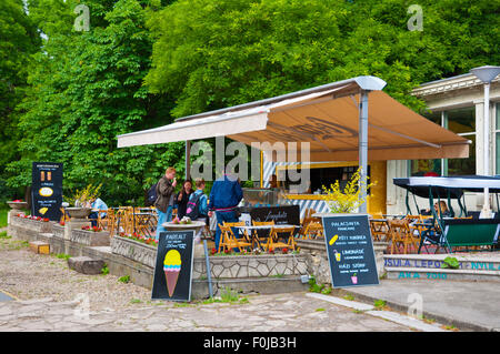 Cafe terrace, by the casino, Margit Sziget, Margaret Island, Budapest, Hungary, Europe Stock Photo