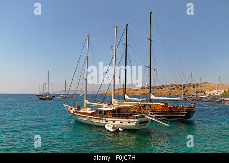 Gulets at anchor on the Aegean coast of Turkey. Stock Photo