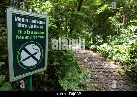 No smoking sign at the entrance of a walking path in the forest, Monteverde, Costa Rica Stock Photo