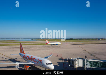 Planes parked at the passenger terminal of Marco Polo Airport, Venice on June 09, 2014. The airport is popular with tourists Stock Photo