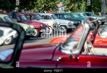 Trhova Kamenice, Czech Republic. 15th Aug, 2015. The eighth annual meeting of Skoda Spartak cars. Over thirty vintage cars arrived to Trhova Kamenice, Czech Republic, August 15, 2015. The Skoda 440 called Spartak and the similar 445 and 450 cabriolet are cars that were produced in Czechoslovakia between 1955 and 1959. © David Tanecek/CTK Photo/Alamy Live News Stock Photo