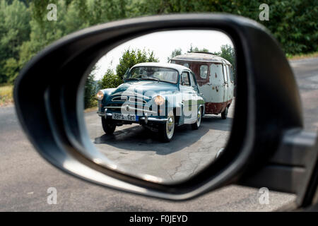 Trhova Kamenice, Czech Republic. 15th Aug, 2015. The eighth annual meeting of Skoda Spartak cars. Over thirty vintage cars arrived to Trhova Kamenice, Czech Republic, August 15, 2015. The Skoda 440 called Spartak and the similar 445 and 450 cabriolet are cars that were produced in Czechoslovakia between 1955 and 1959. © David Tanecek/CTK Photo/Alamy Live News Stock Photo