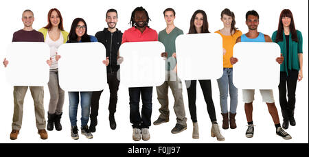 Smiling group of young multi ethnic people holding copyspace for five letter or text isolated on white Stock Photo