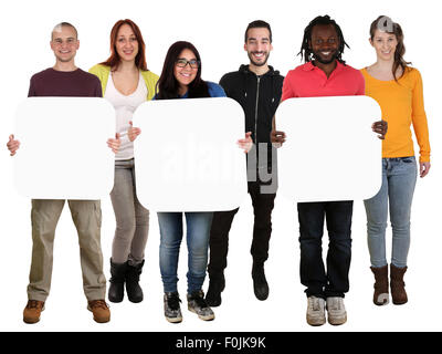Smiling group of young multi ethnic people holding copyspace for three letter or text isolated on white Stock Photo
