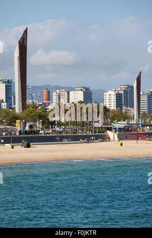 Barcelona, Catalonia, Spain, city skyline and beach, view from the sea Stock Photo