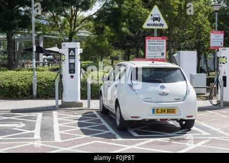 Nissan Leaf at Ecotricity Charging Point at Motorway Services UK