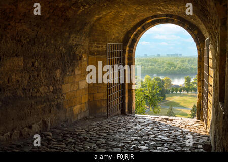 Beautiful view from arched passage. Selective focus Stock Photo
