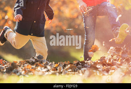 Playful boys kicking autumn leaves Stock Photo