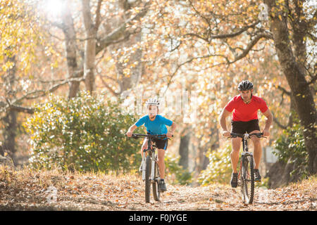 Father and son mountain biking on path in woods Stock Photo