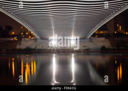 Night view of the Troja Bridge from the river Vltava, Trojsky most, Prague, Czech republic Stock Photo