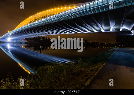 Night view of the Troja Bridge from the river Vltava, Trojsky most, Prague, Czech republic Stock Photo