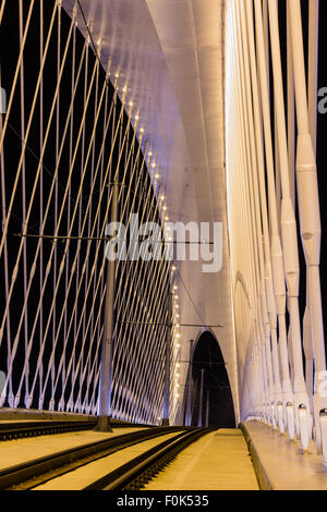 Night view of the Troja Bridge from the river Vltava, Trojsky most, Prague, Czech republic Stock Photo