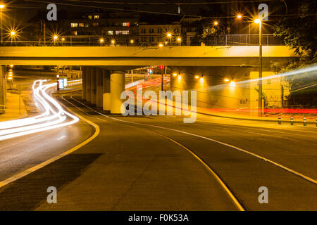 Night view of the Troja Bridge from the river Vltava, Trojsky most, Prague, Czech republic Stock Photo