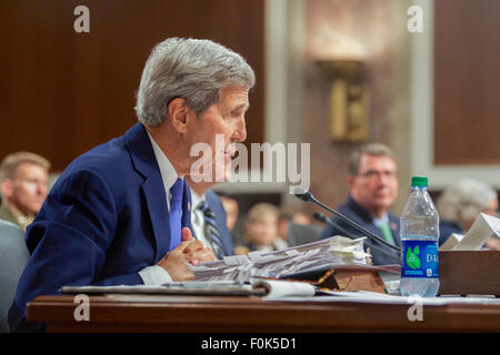 Secretary Kerry, Watched by Defense Secretary Carter, Testifies About Iranian Nuclear Deal Before Senate Armed Services Committee Hearing in Washington, D.C. Secretary Kerry, Watched by Defense Secretary Carter, Testifies About Iranian Stock Photo
